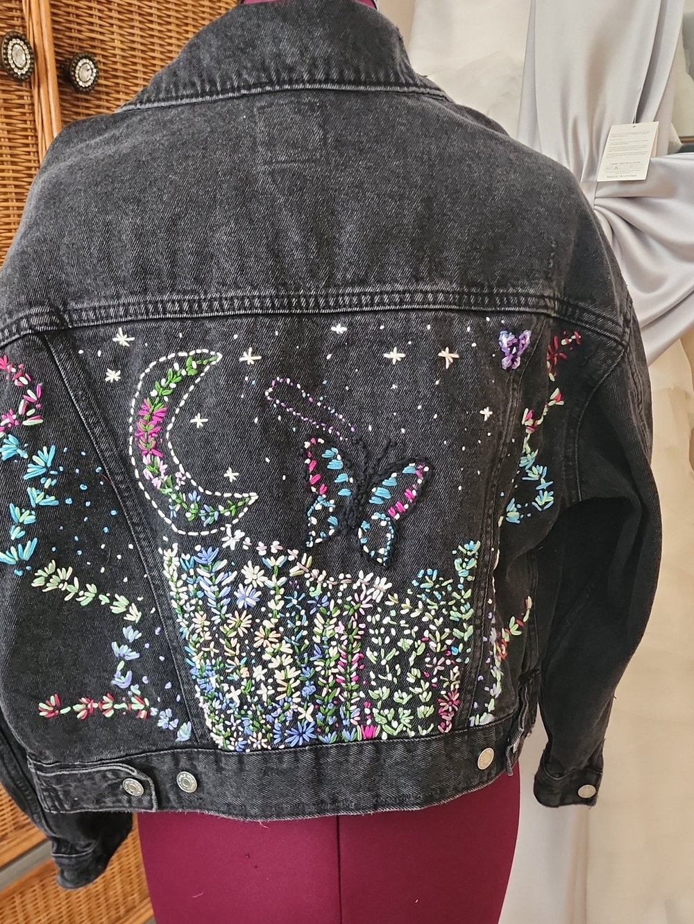 Embroidered Black Denim Jacket with Moon & Butterfly Motif
